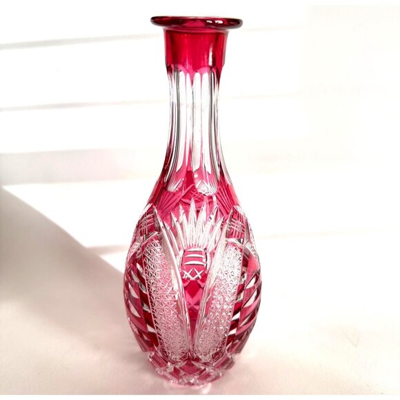 handcut Crystal Vase/decanter? Intricate Ruby/Pink Clear cut/Etched 9.25" - Picture 1 of 9